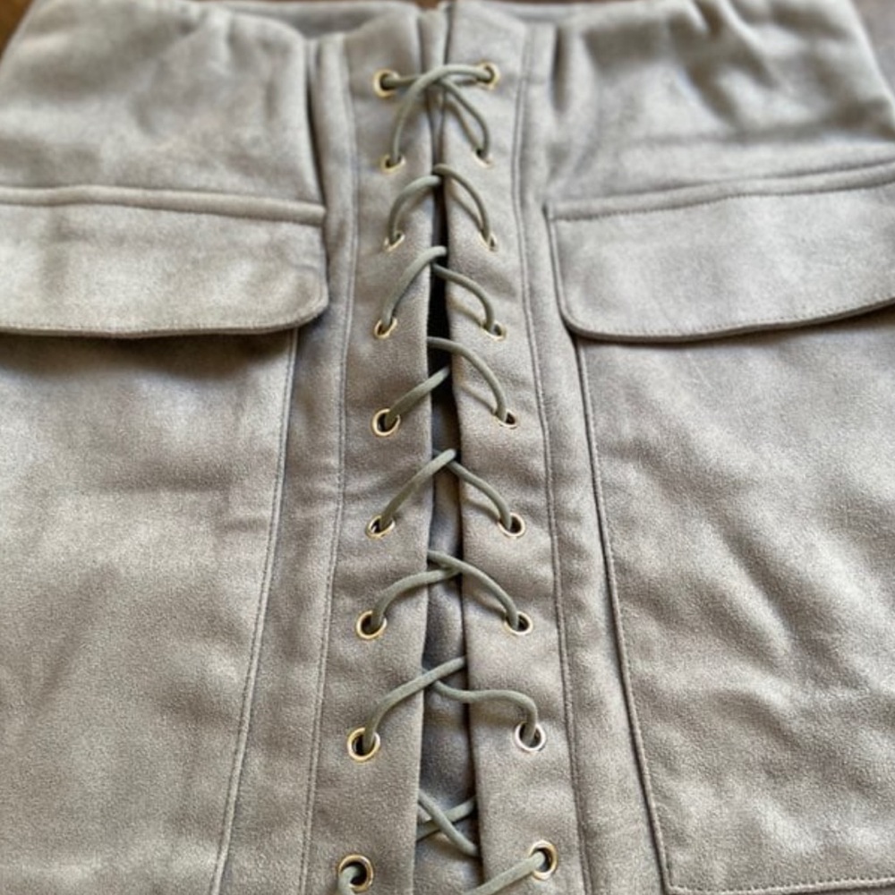 Simplee Apparel Gray Suede-Look Faux Lace-Up Pocket Mini Skirt - Picture 2 of 9